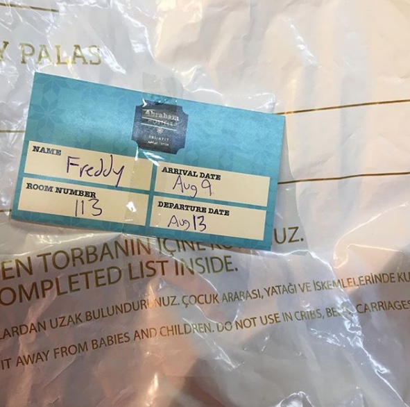 A tag for labeling food at a travel hostel