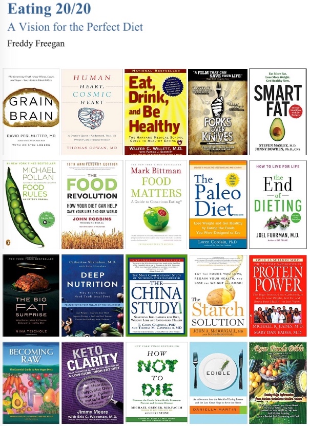 A picture of 20 books used in researching the perfect diet